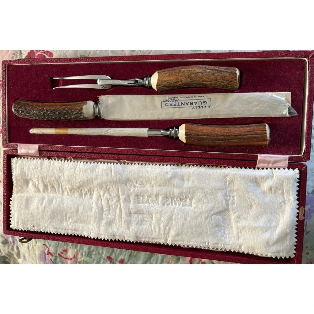 Lewis & Rose Co. Carved Stag Horn Cutlery Carving Set Sheffield‎ England